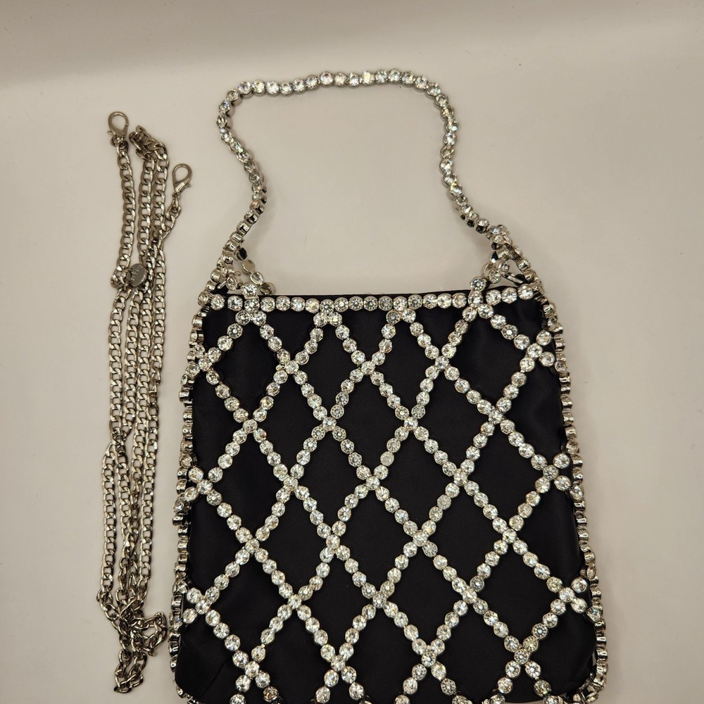 New Olga Berg KIT Crystal Cage Bag Black Satin Rhinestone Evening Clutch Flaw A